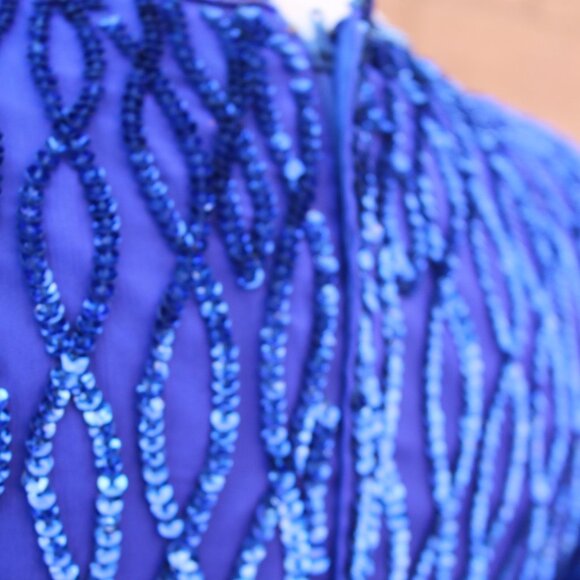 Laurence Kazar Silk Dress Womens SP Royal Blue Sequined Beaded Cocktail 90s - Picture 6 of 15